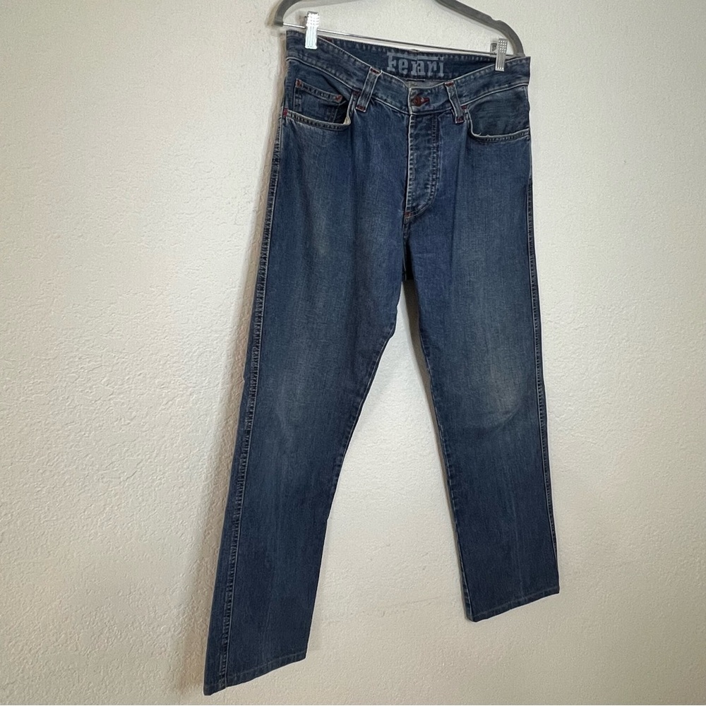 VTG Ferrari Button Fly Blue Denim Jeans‎ Leather Logo Italian Mens 33x30.5 IT 50 - Picture 2 of 16